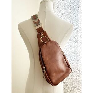 Moda Luxe Brown Faux Leather Sling Crossbody Chest Bag Boho Guitar Strap